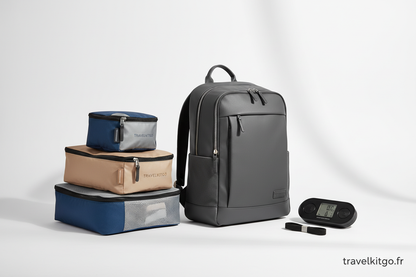 Génère une image avec les essentiels de voyage : Sac à dos, set de sac de rangement, et balance numérique. Bien sûr reprend les produits travel kit GO et insère les de manière propre à créer une image Bundle bien marketing. Les produits sont disponible sur Travelkitgo.fr